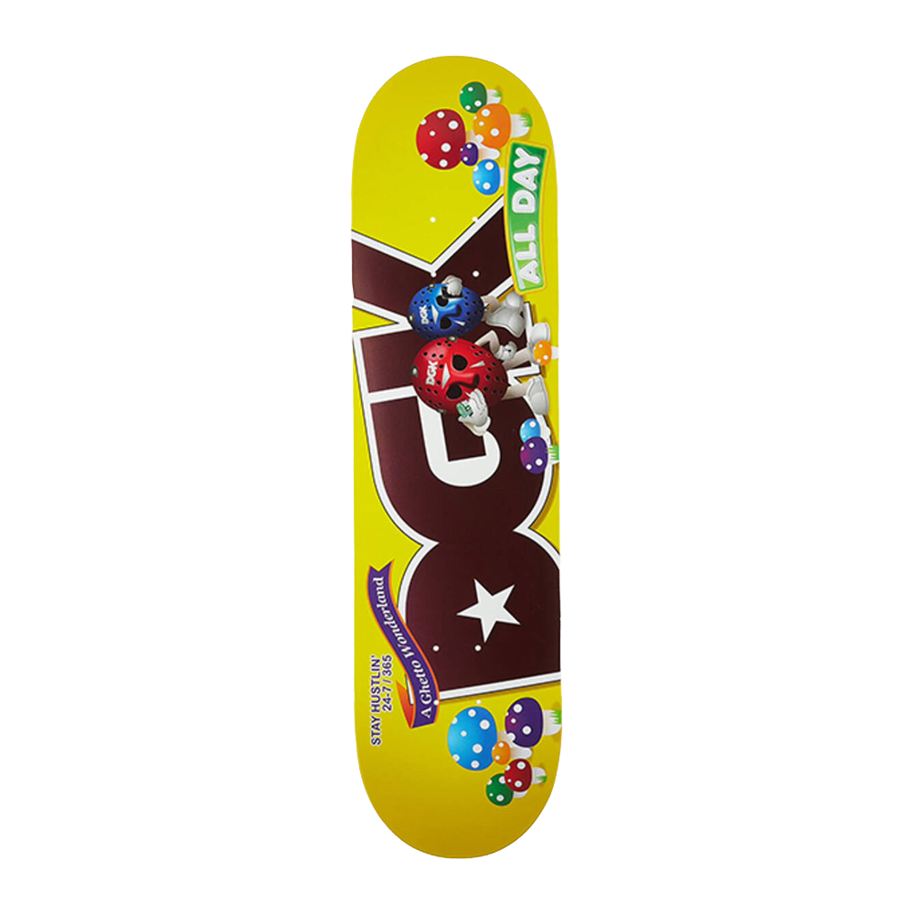 Colorful skateboard deck with cartoon characters on a yellow background
