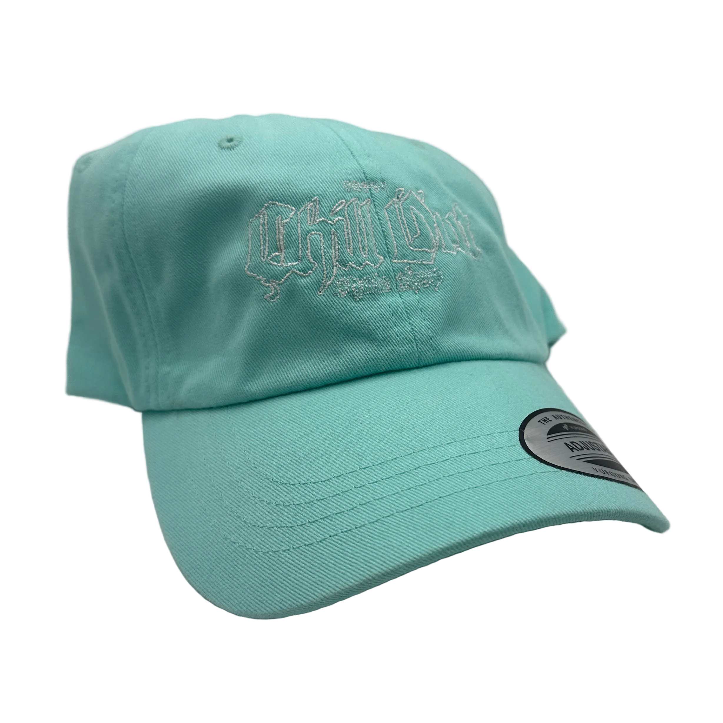 Teal cap with embroidered text on a light gray background