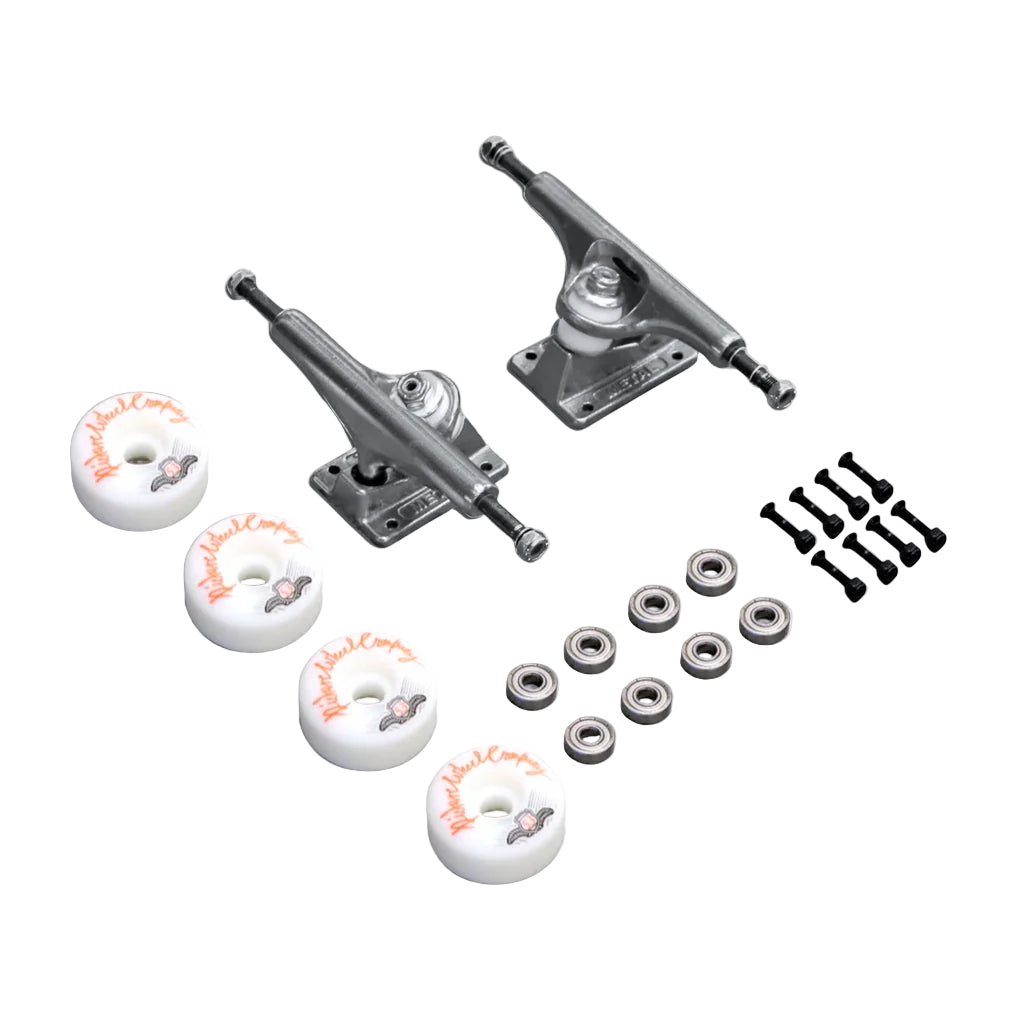 Skateboard truck and wheel assembly on a white background