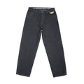 Black baggy pants with brand logo on a light gray background