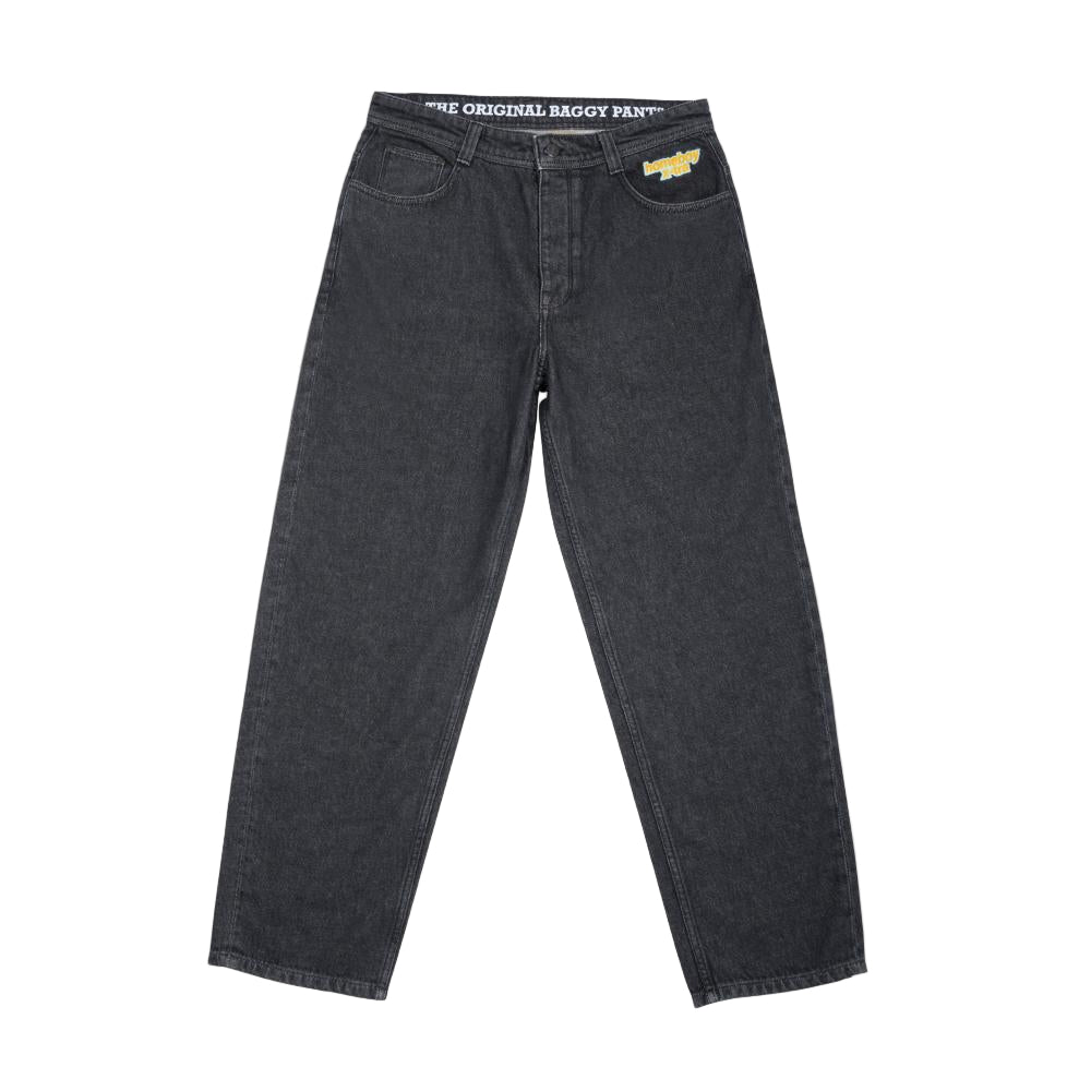 Black baggy pants with brand logo on a light gray background