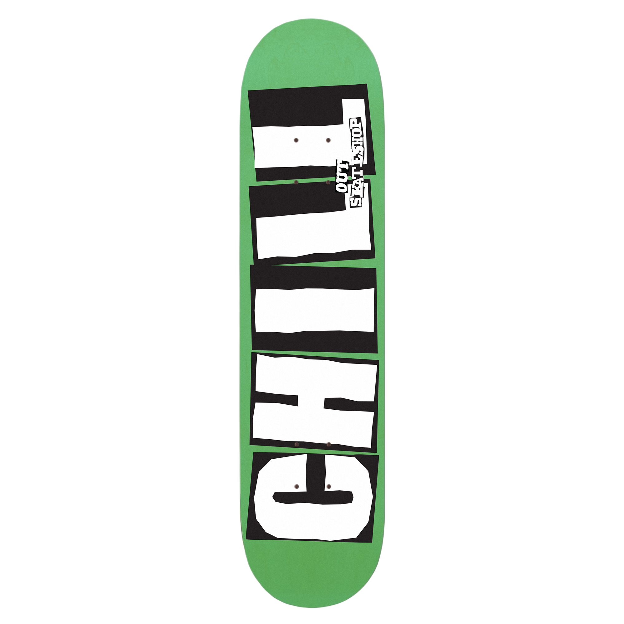 CHILL OUT SKATESHOP in a paper cut out style retro skateboard graphic.