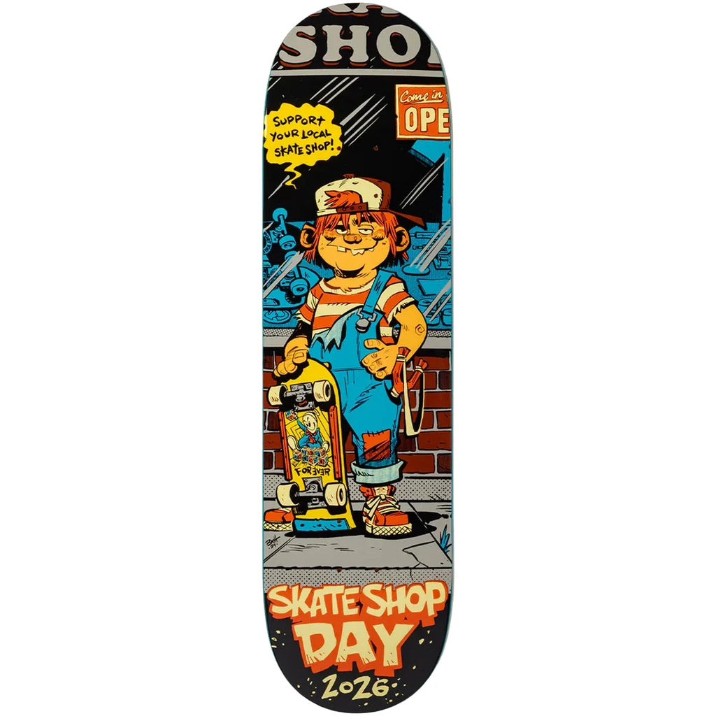Skateboard deck with a cartoon character and text on a white background