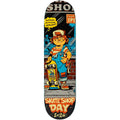 Skateboard deck with a cartoon character and text on a white background
