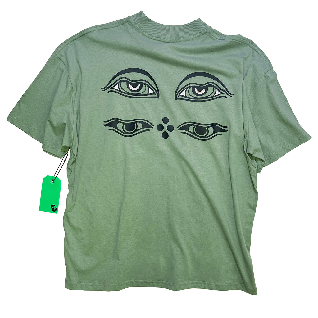 'Ritual Eyes' Extended Neck Oversized T-Shirt - Sage - C.O.S.S