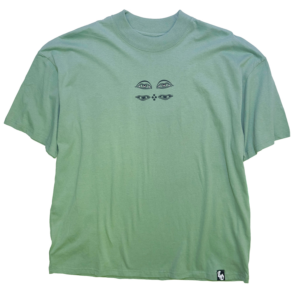 'Ritual Eyes' Extended Neck Oversized T-Shirt - Sage - C.O.S.S