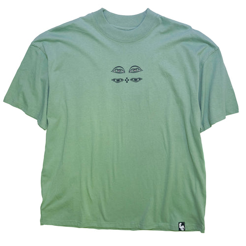 'Ritual Eyes' Extended Neck Oversized T-Shirt - Sage - C.O.S.S