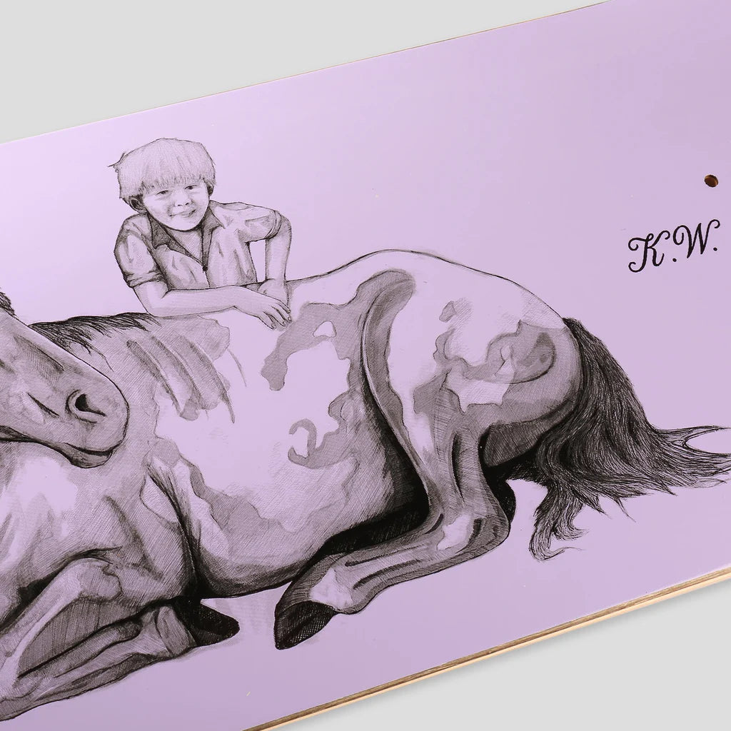 Illustration of a boy and horse on a purple background with 'K.W.' signature.