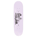 Skateboard deck with a black and white graphic design on a light purple background