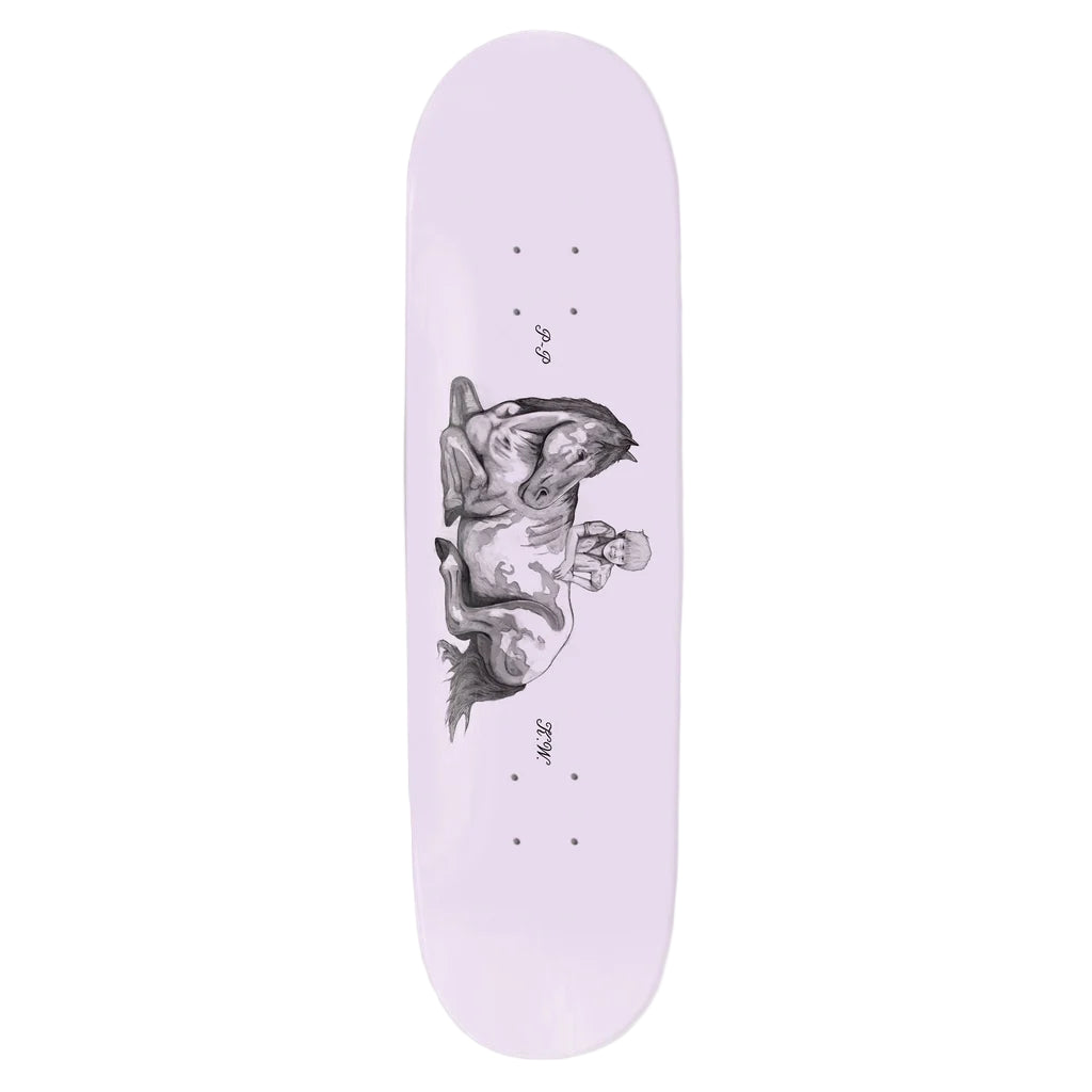 Skateboard deck with a black and white graphic design on a light purple background