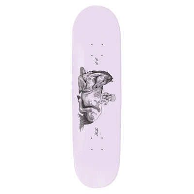 Skateboard deck with a black and white graphic design on a light purple background