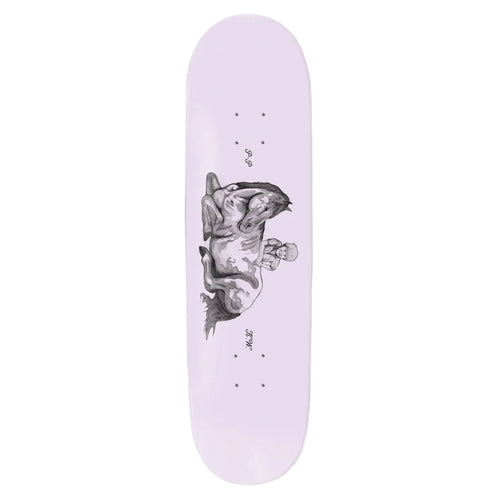 Skateboard deck with a black and white graphic design on a light purple background