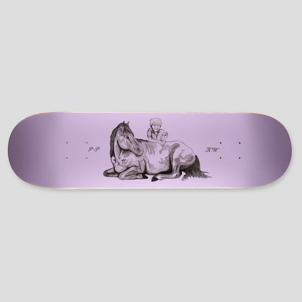 Skateboard deck with a graphic of a person riding a horse on a purple background