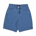 A pair of medium wash blue denim shorts with a high waist, laid flat on a white background.