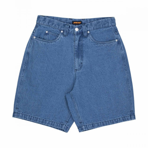 A pair of medium wash blue denim shorts with a high waist, laid flat on a white background.