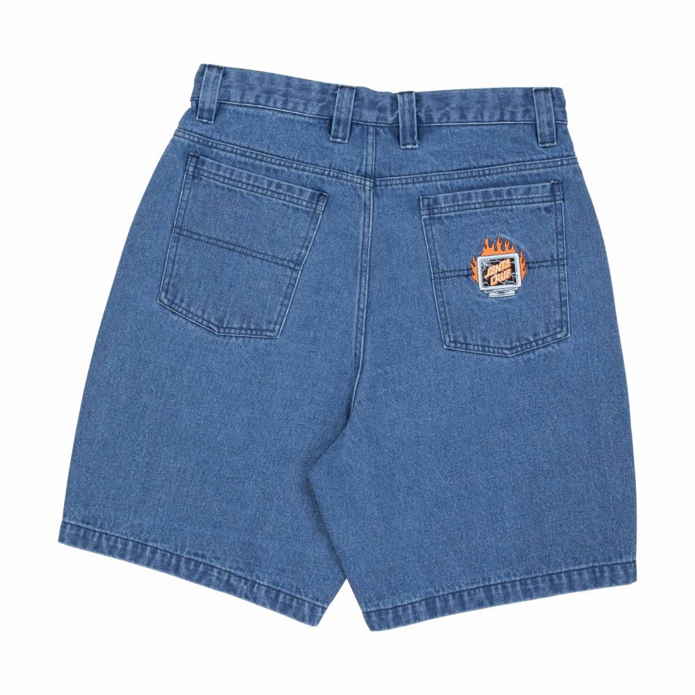 Blue denim shorts shown from the back, featuring a classic five-pocket design and a small embroidered patch on the right pocket, set against a plain white background.