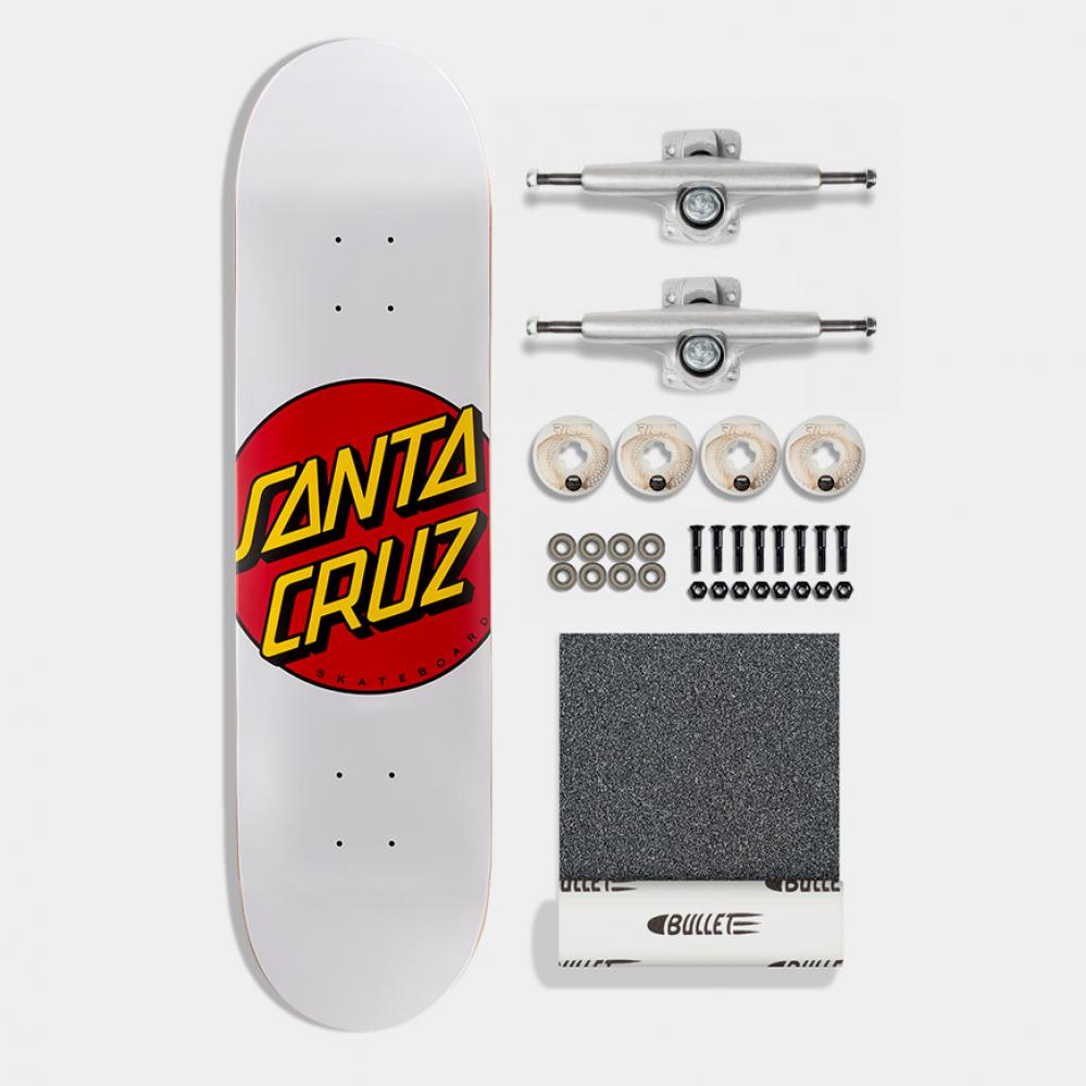 Skateboard deck with Santa Cruz logo, trucks, wheels, and hardware on a white background
