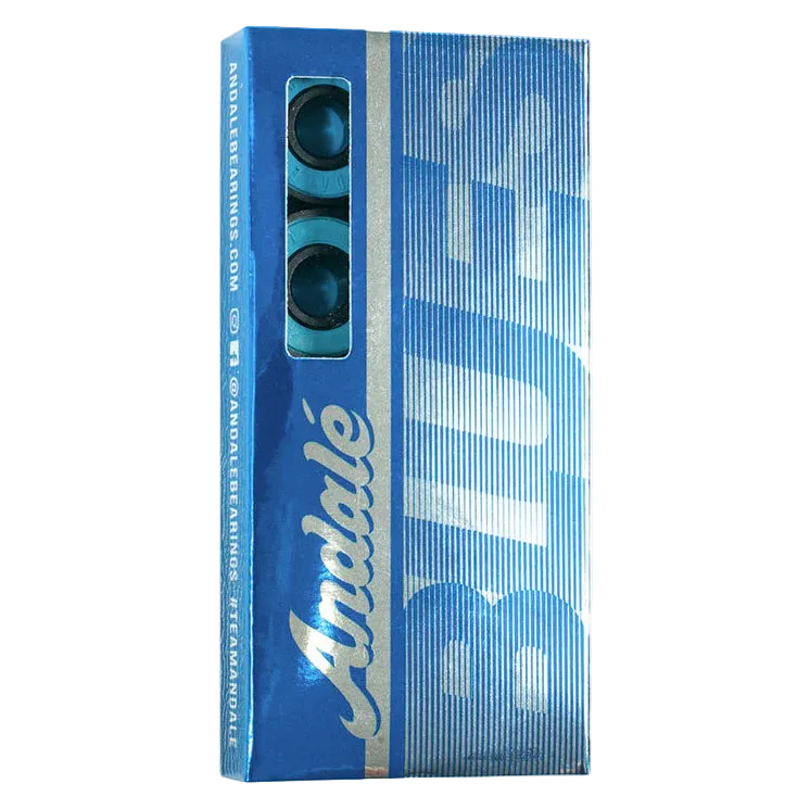 Blue packaging of Andale skateboard bearings with brand name and website URL.