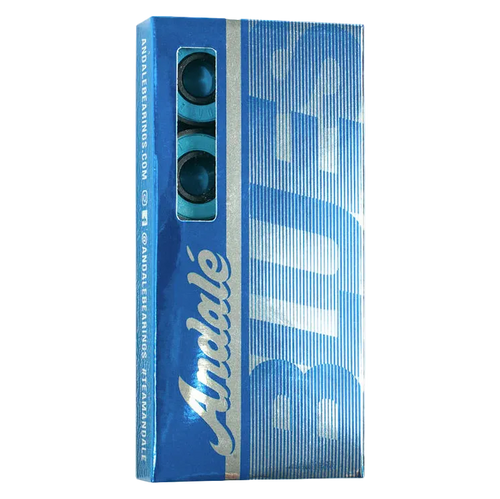 Blue packaging of Andale skateboard bearings with brand name and website URL.