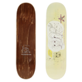 the top and bottom of a skateboard deck, one brown and one with a lime green graphic design, on a white background. - this is 