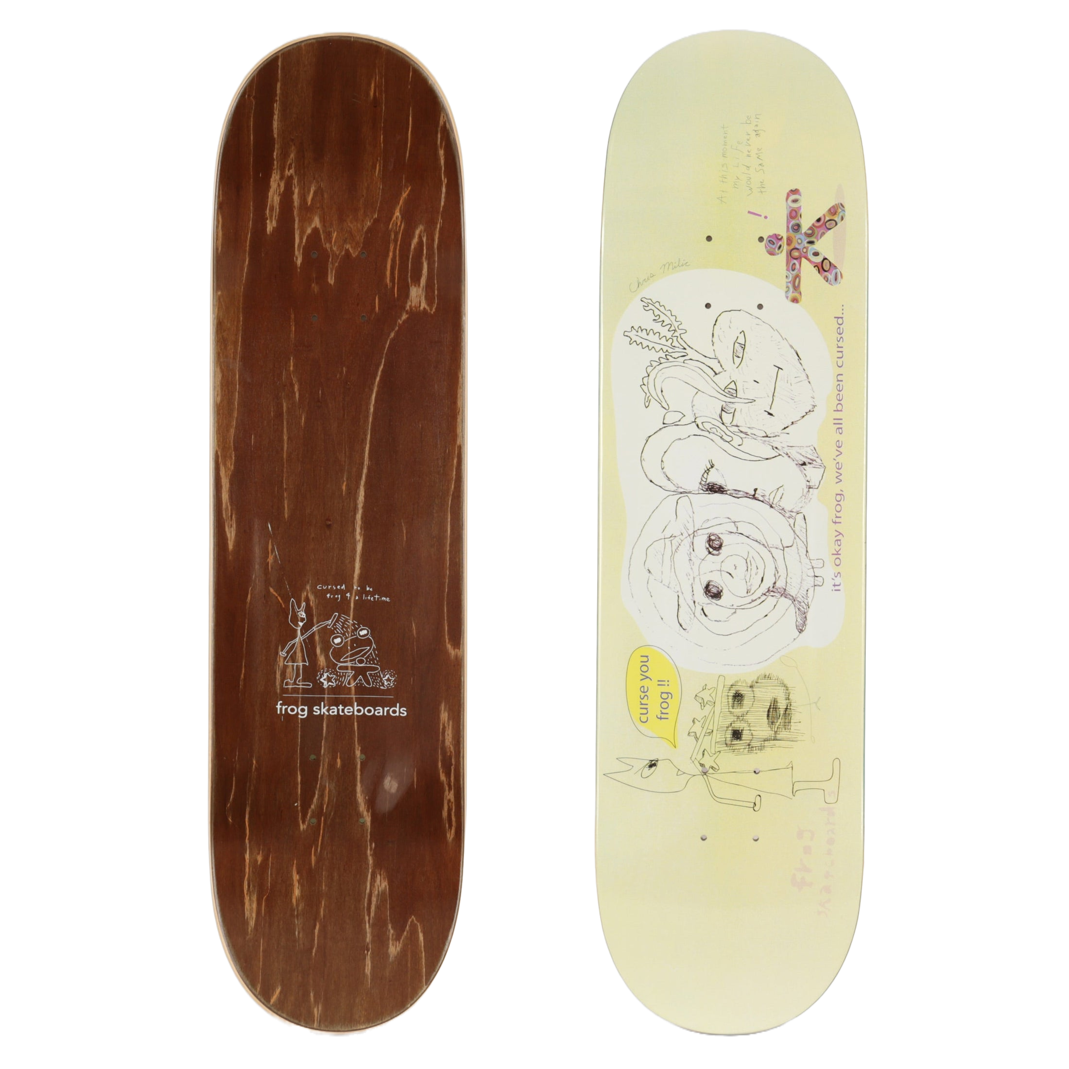 the top and bottom of a skateboard deck, one brown and one with a lime green graphic design, on a white background. - this is 
