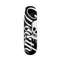 Skateboard deck with black and white script saying deat, a skull and design on a light background.