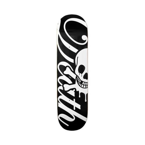 Skateboard deck with black and white script saying deat, a skull and design on a light background.