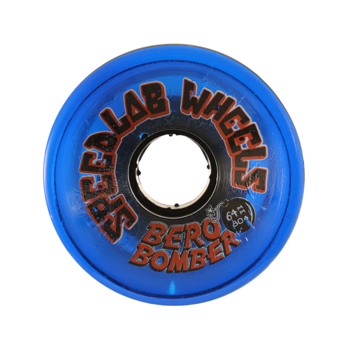 Blue wheel with red text on a gray background