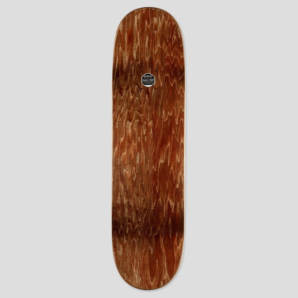 Wooden skateboard deck with a visible brand logo on a light gray background